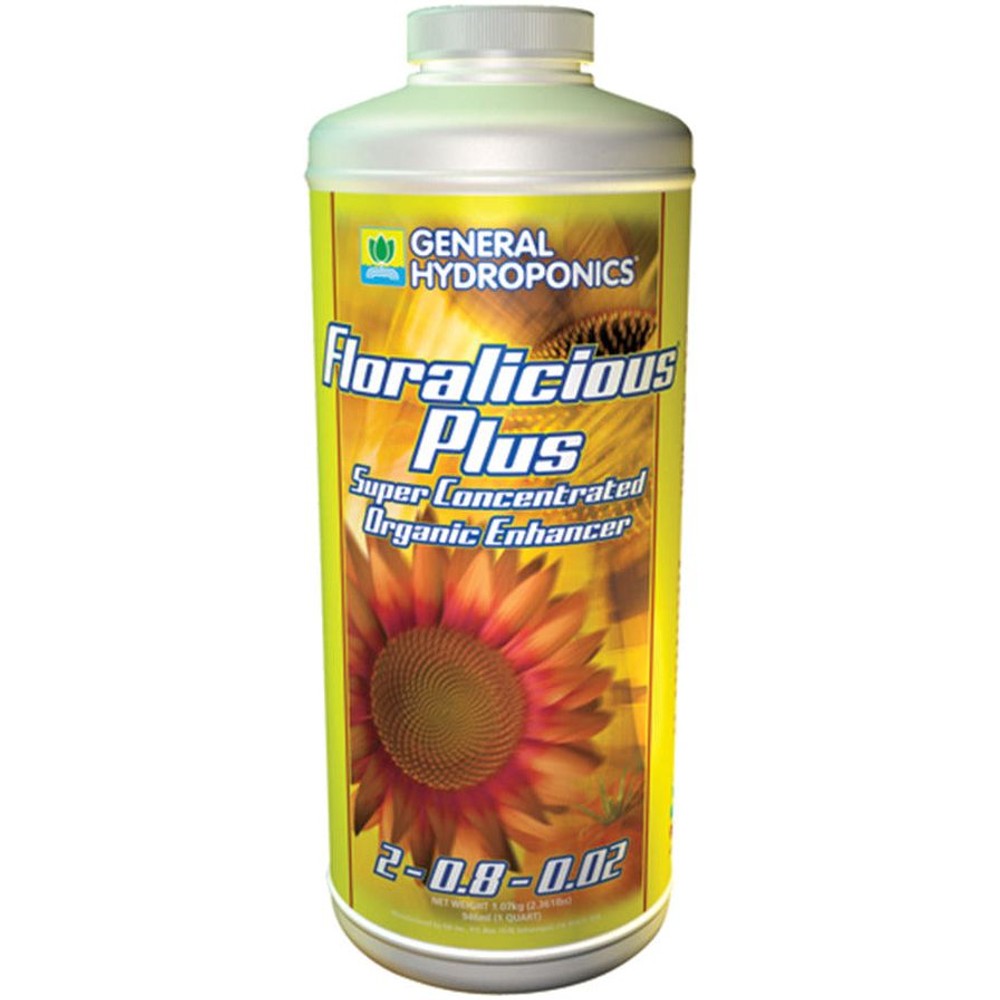 General Hydroponics Floralicious Plus organic flower enhancer bottle with sunflower graphic.