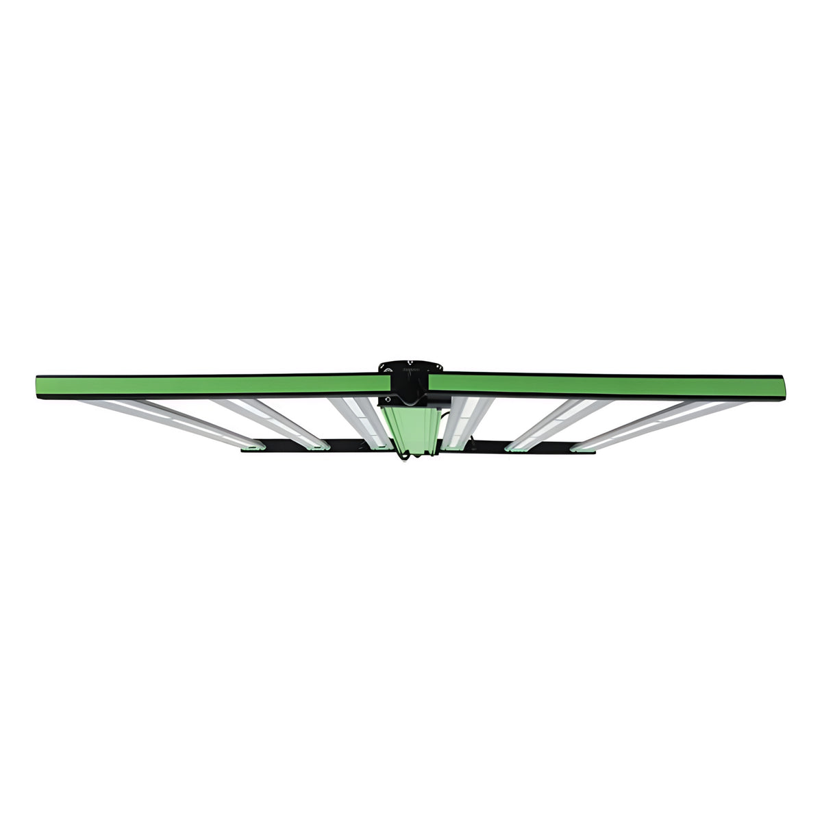 A rectangular LED grow light with white light bars and a green frame, suspended from a black mounting bracket.