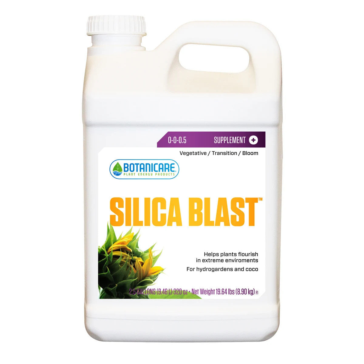 Botanicare Silica Blast liquid plant supplement in a white gallon jug with a sunflower graphic.