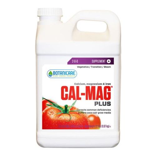 White bottle of Botanicare Cal-Mag Plus supplement with tomatoes and text "2-0-0 SUPPLEMENT".