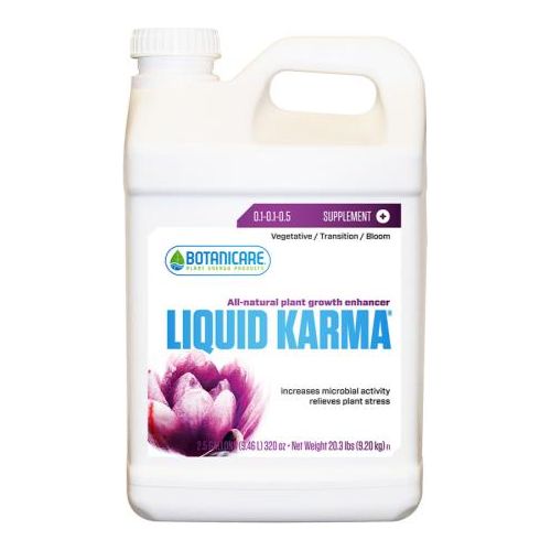 Botanicare Liquid Karma plant growth enhancer 2.5 gallon jug with purple flower image.