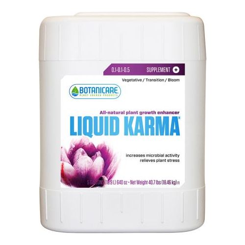 Botanicare Liquid Karma 5-gallon jug with a close-up of a purple flower.