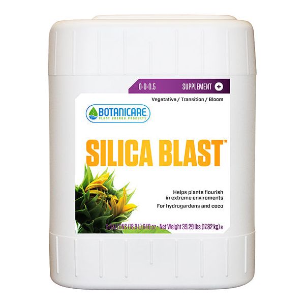 Botanicare Silica Blast plant supplement in a large white jug with a sunflower label.