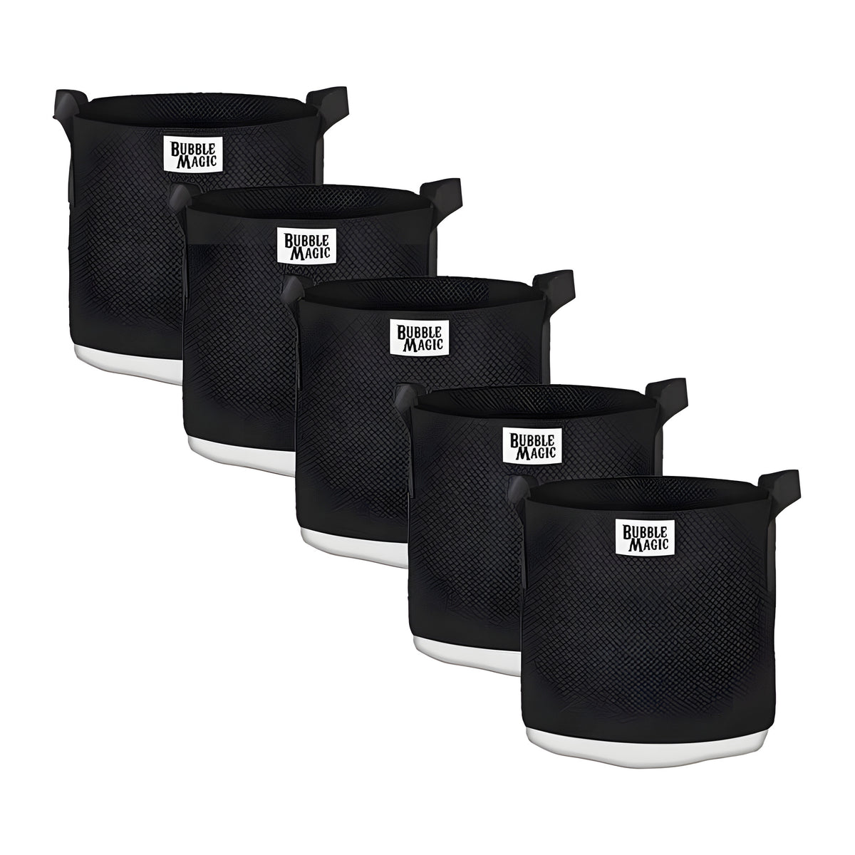Five black "Bubble Magic" 5-gallon extraction bags are arranged diagonally.