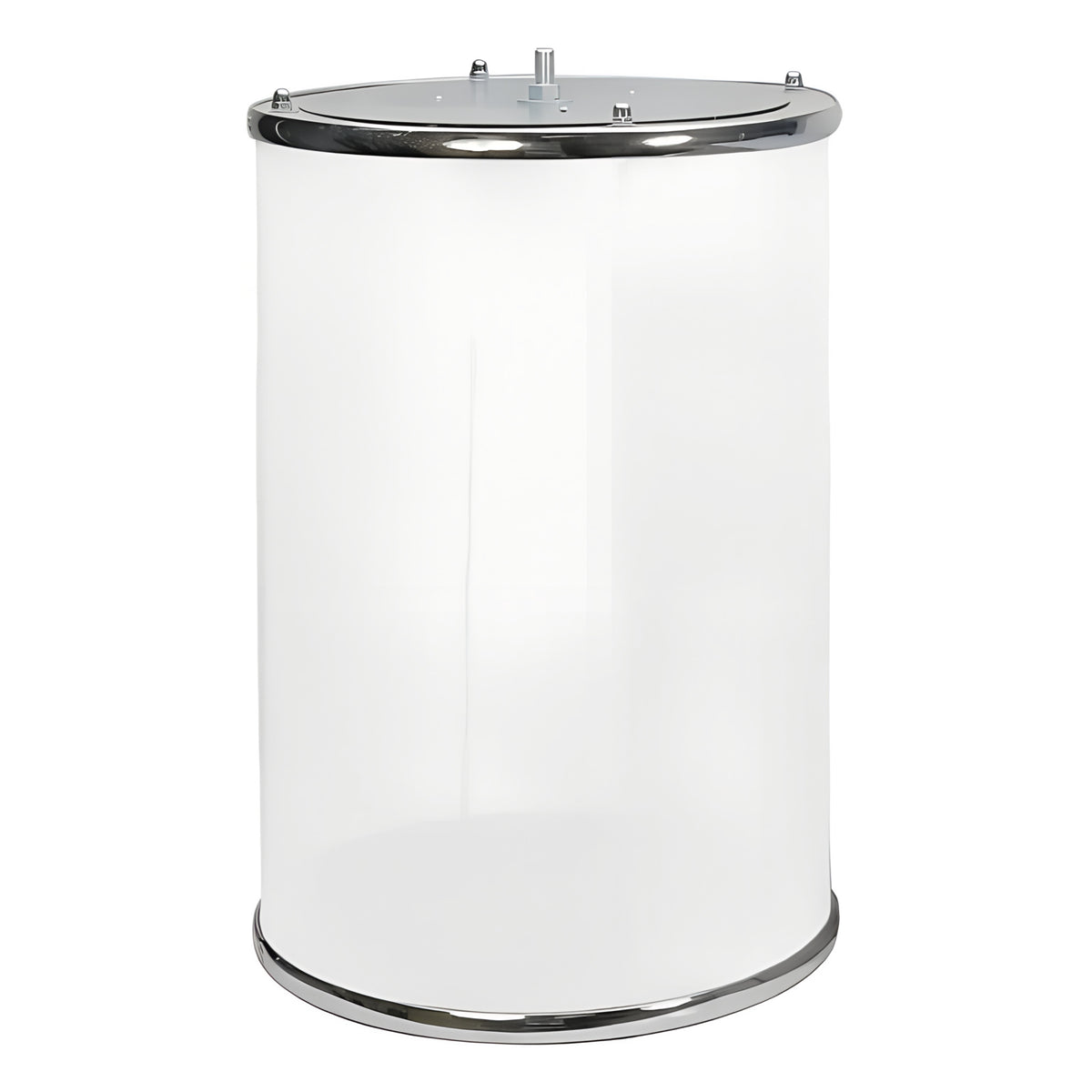A clear plastic cylinder with chrome trim and a silver metal lid, likely a replacement tumbler barrel.