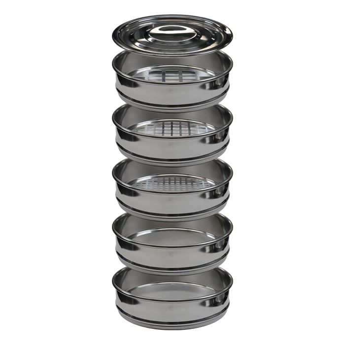 Stainless steel bud sorting kit with multiple sieves stacked together, topped with a lid.
