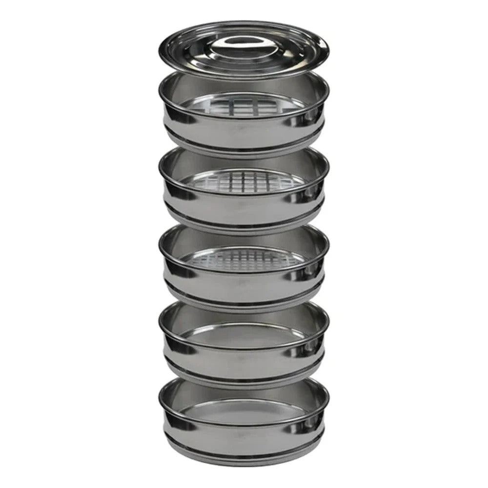Stainless steel bud sorting kit with multiple sieves stacked together, topped with a lid.