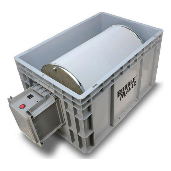 Grey plastic bin with a white rotating drum, "Bubble Magic" logo.