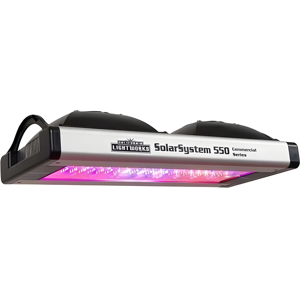 California Lightworks SolarSystem 550 full-spectrum LED grow light with pink and purple lights.