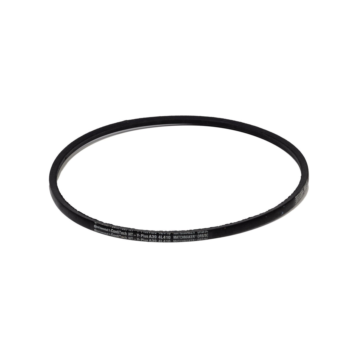A black V-belt with text that reads "Continental ContiTech HT-Y Plus A39 4L410 MATCHMAKER ORS/SC".