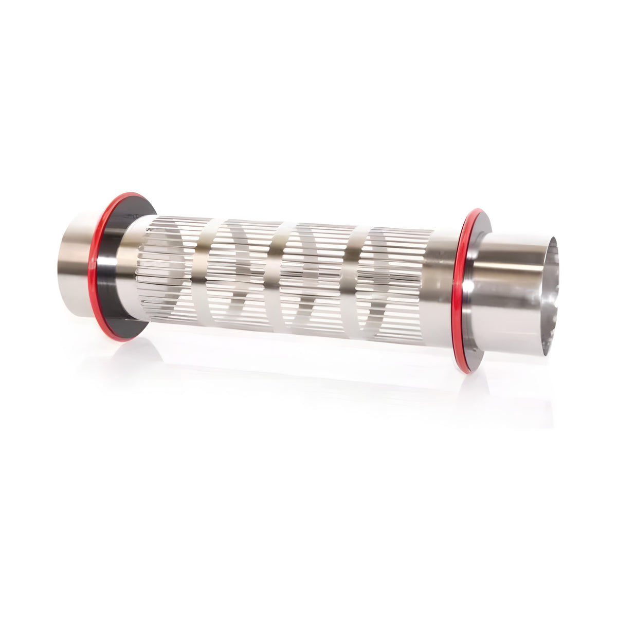Stainless steel Centurion Pro wet tumbler with red O-rings and a slotted barrel.