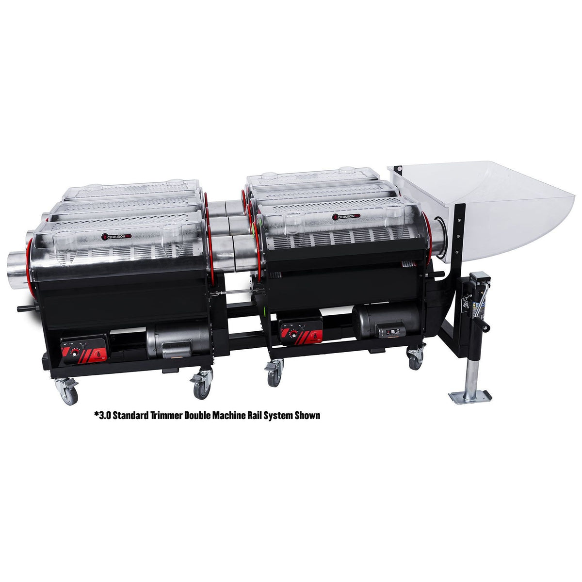 CenturionPro 3.0 tandem bud trimming system with clear lids, black frame, and wheels.