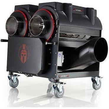 CenturionPro Gladiator wet/dry bud trimmer, black with red accents, two chutes, on wheels.