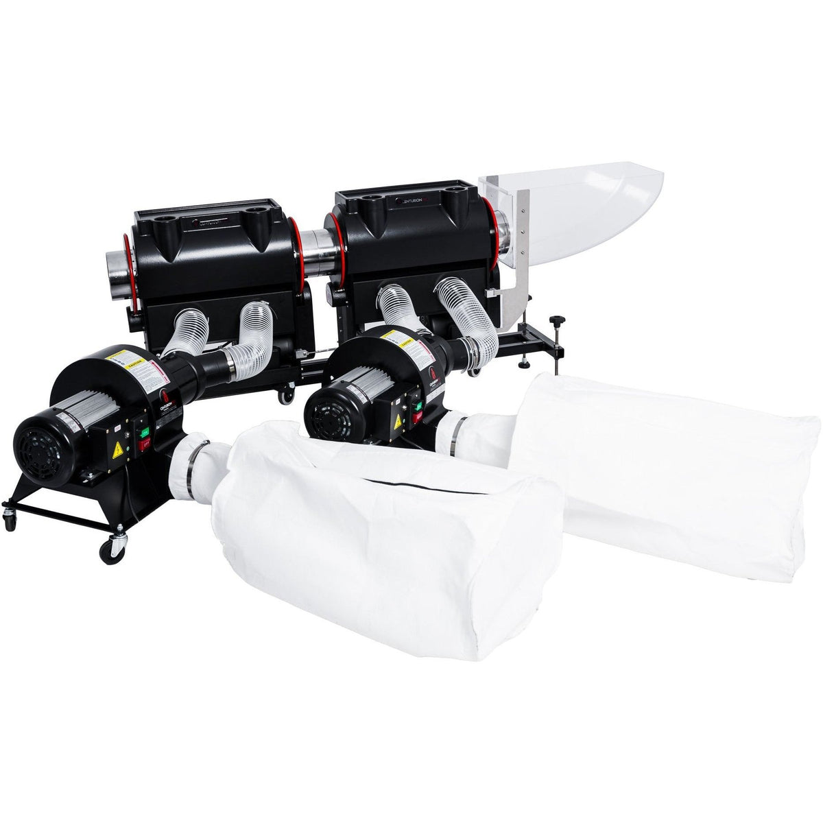 Two CenturionPro Mini tandem bud trimming systems with black housing, silver ducts, and white collection bags.