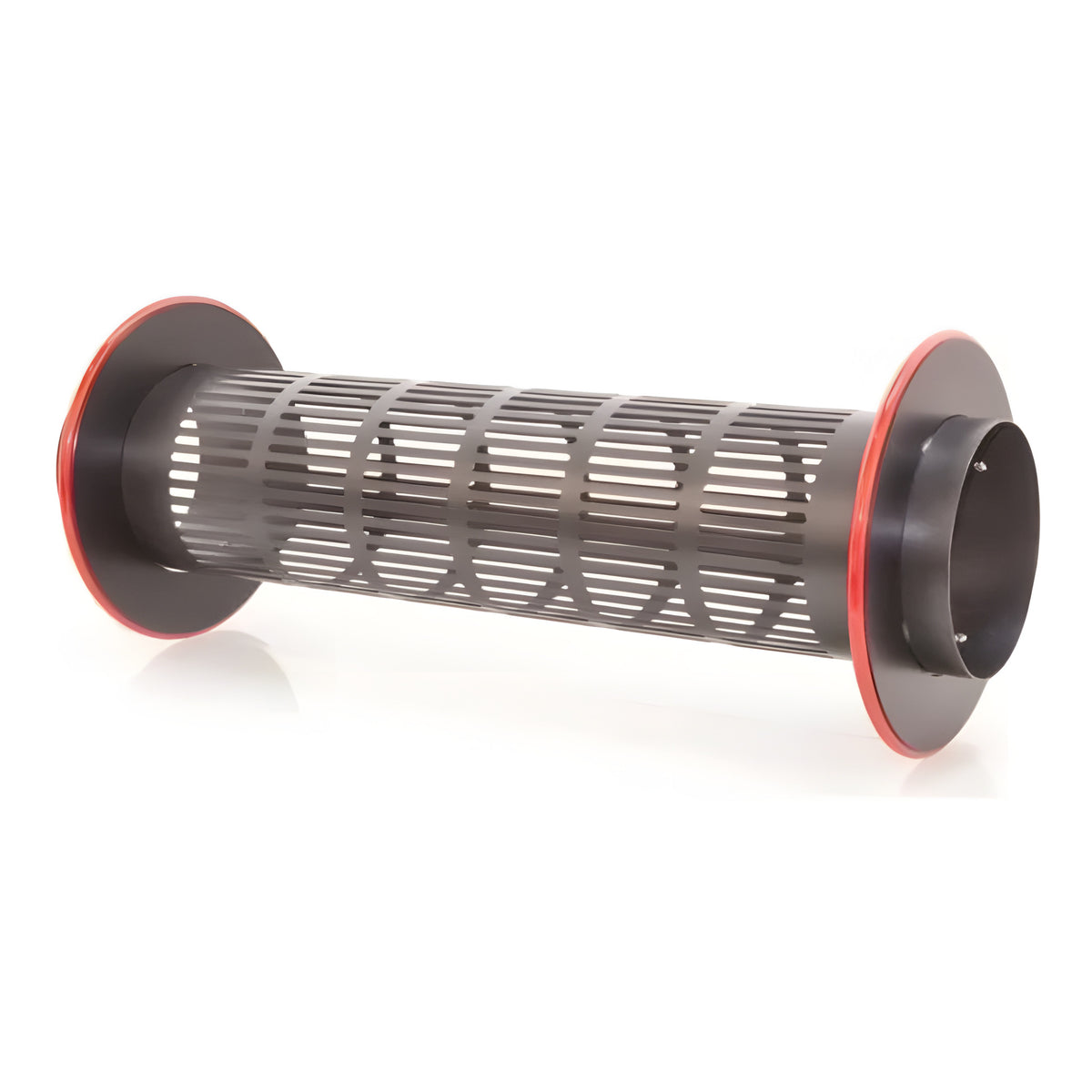 Black metal mesh tumbler with red trim and openings on white background.