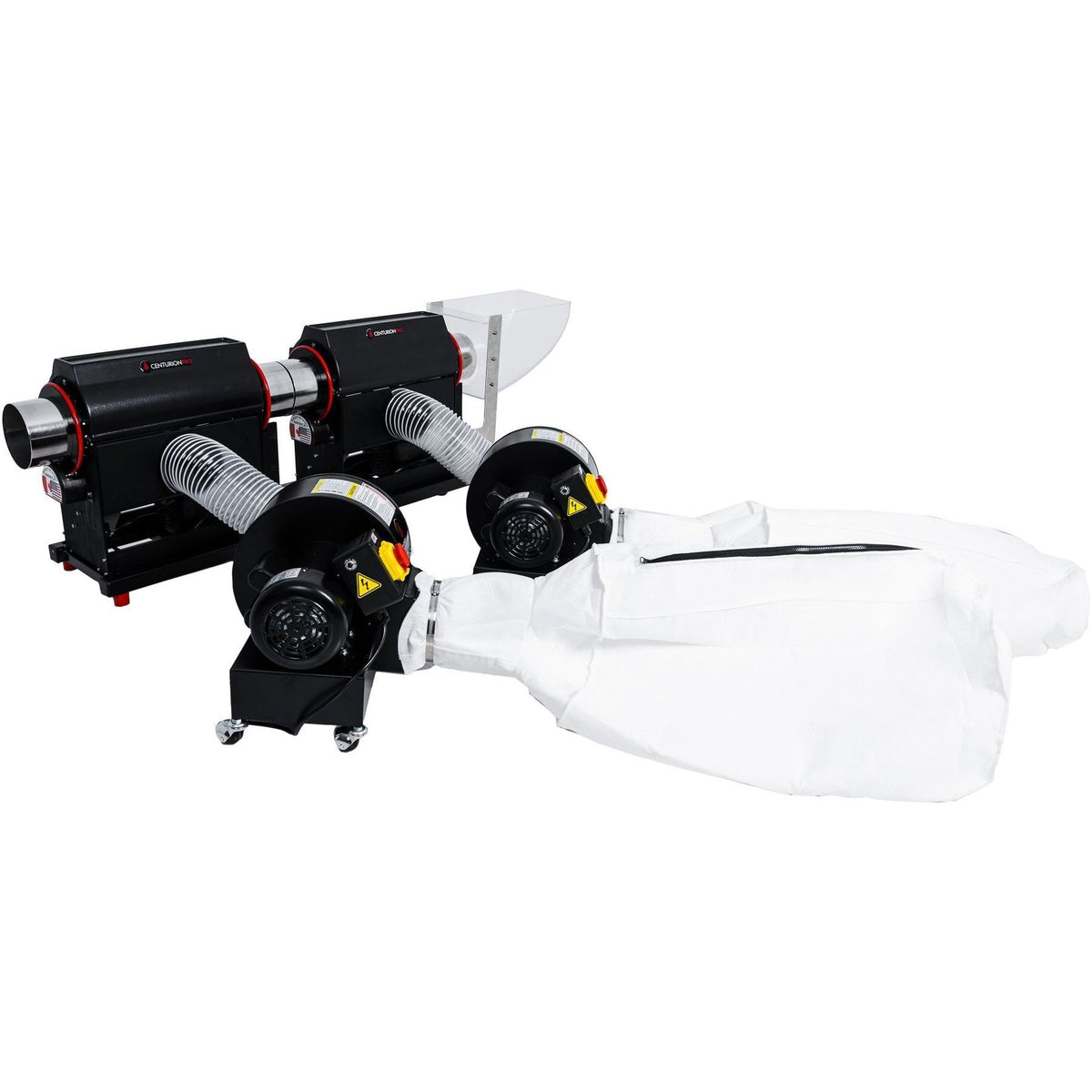 CenturionPro tabletop pro tandem bud trimming system with two black blowers and white collection bags.