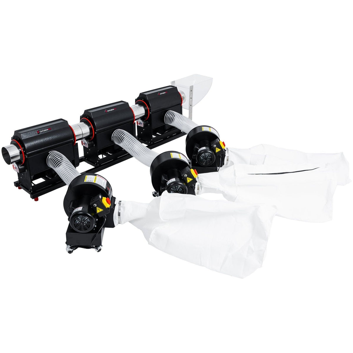 Triple Centurion Pro tabletop automatic bud trimming system with dust collection bags.
