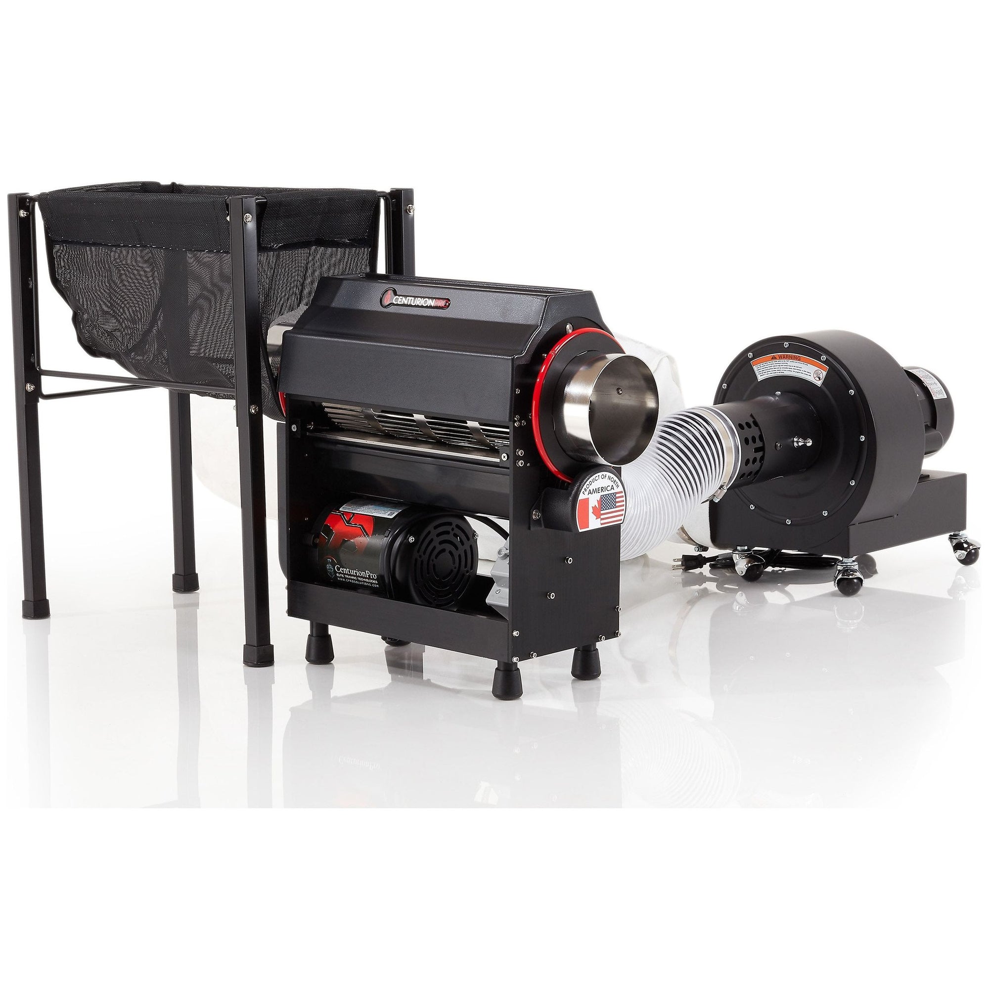 Black CenturionPro tabletop bud trimmer with mesh collection bin, blower, and a Canadian flag sticker.