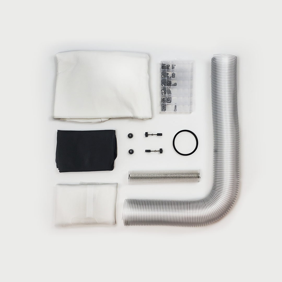 CenturionPro Tabletop Trimmer parts kit: white cloth, black cloth, small parts container, silver flexible ducting, and more.