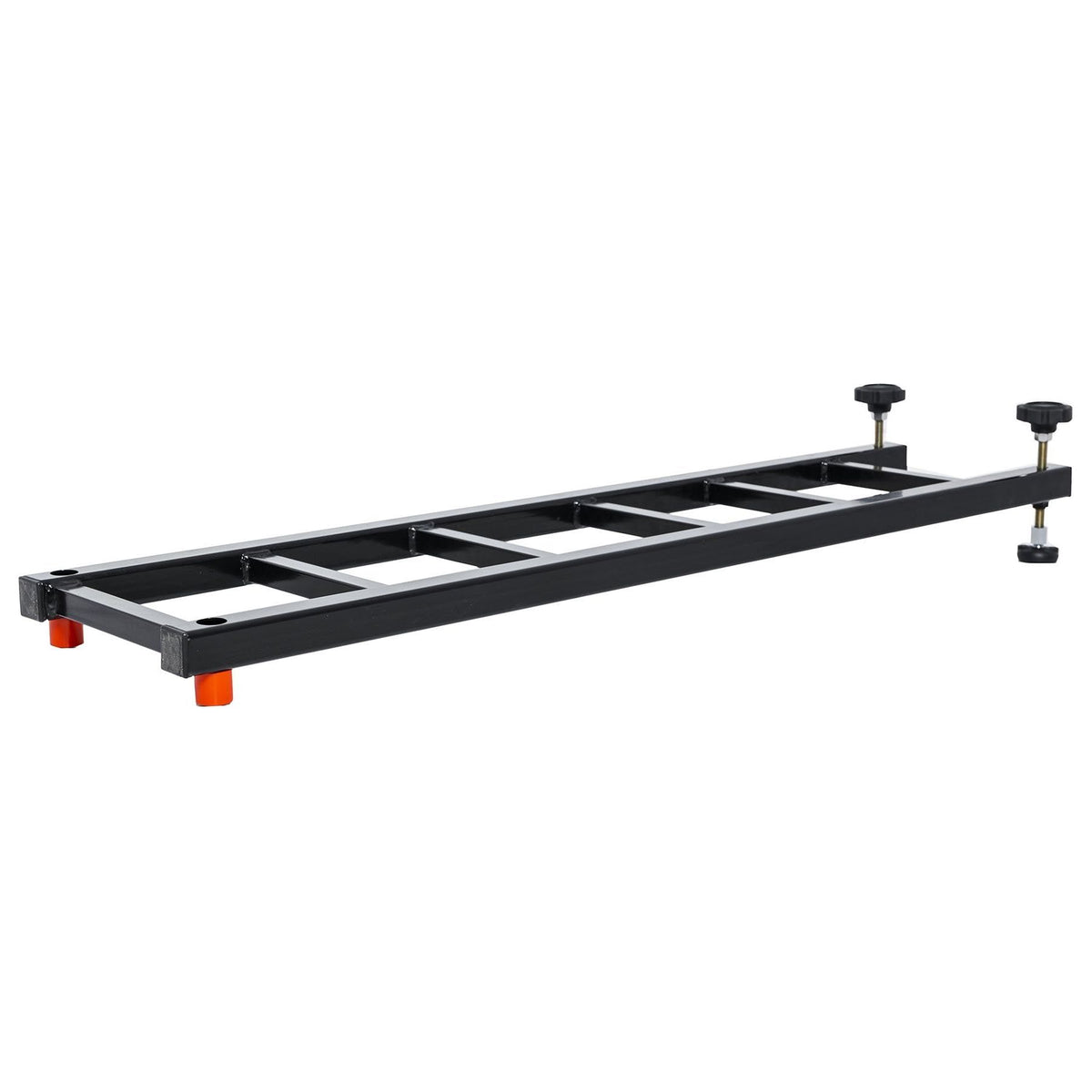 Black metal tabletop trimmer rail system with orange feet and adjustable knobs.
