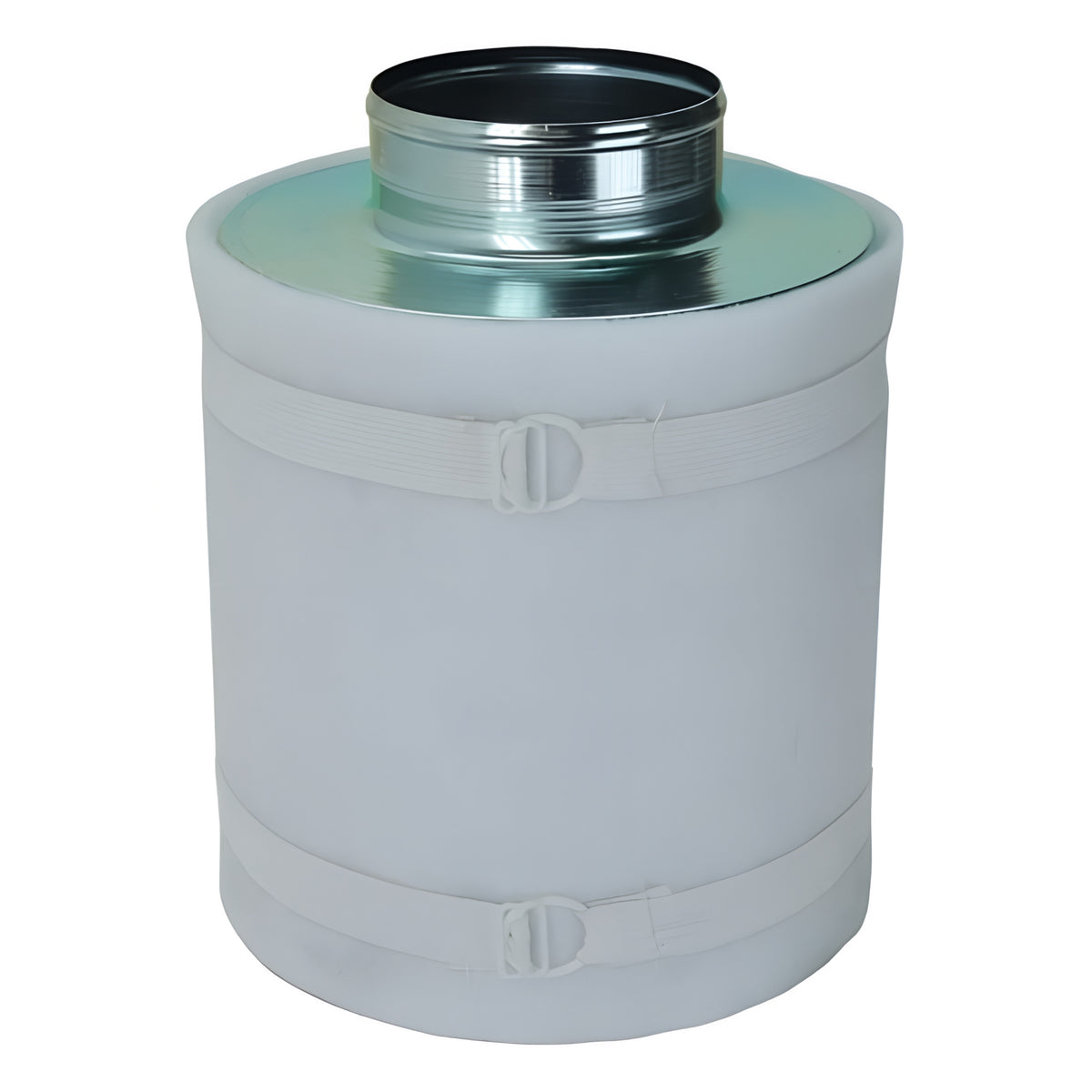 A cylindrical activated carbon air filter with a metal connector and white elastic bands.