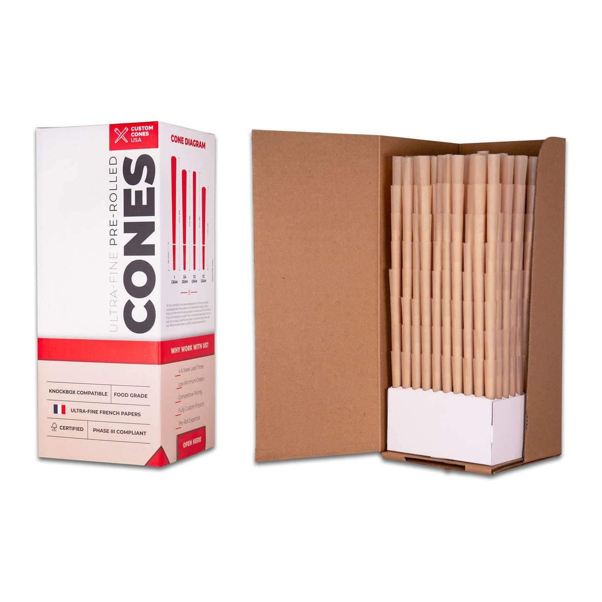 Custom cones box with diagram and pre-rolled cones in a cardboard dispenser.