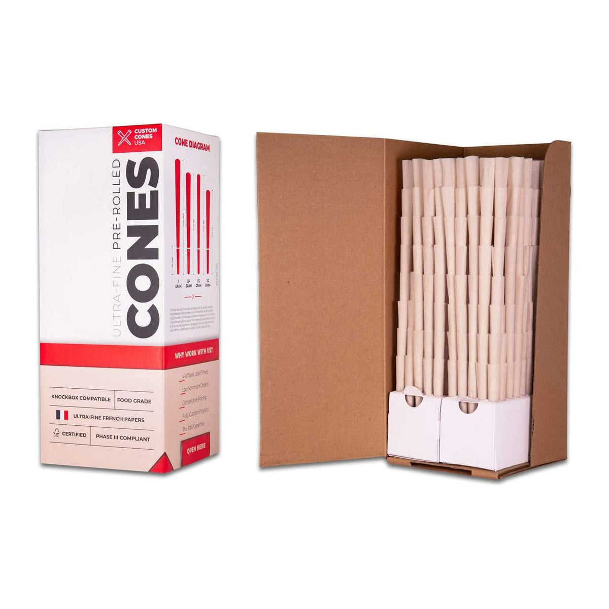 Custom cones packaging with 800 pre-rolled organic hemp paper cones.