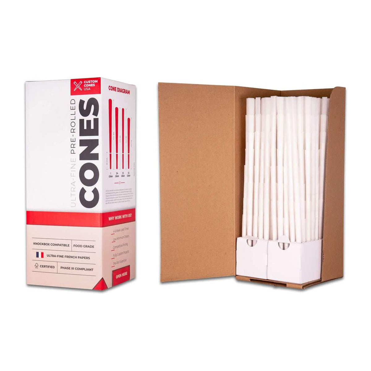 Custom Cones box with pre-rolled cones inside a cardboard display.
