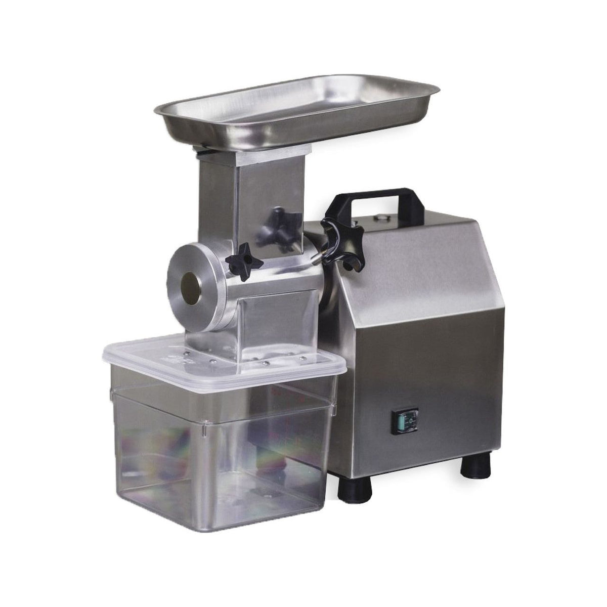 Stainless steel industrial grinder with food tray and plastic collection bin.