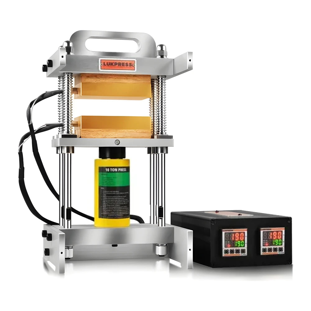 Silver and gold 10-ton rosin press with digital temperature controls.
