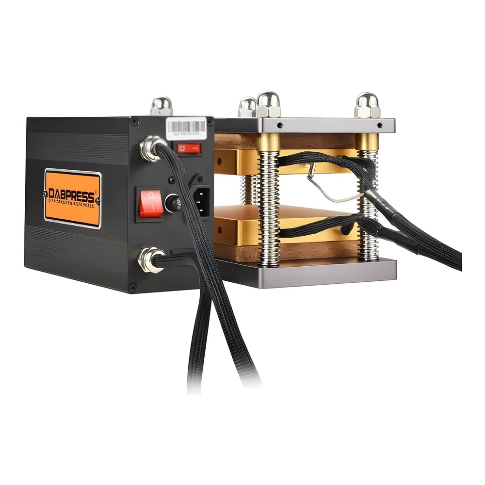 A Dabpress rosin press with dual heating plates and adjustable spring-loaded pressure.
