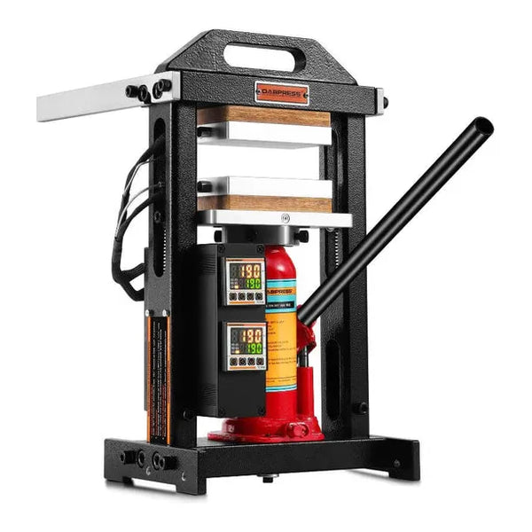 A black rosin press with red hydraulic jack, featuring dual digital temperature displays.