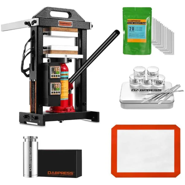 Dabpress 6-ton rosin press bundle with accessories: press, filter bags, jars, tools, mat, and box.