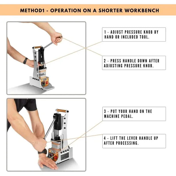 Manual rosin press with instructions for operation on a shorter workbench.