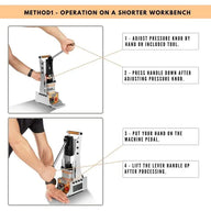 Manual rosin press with instructions for operation on a shorter workbench.