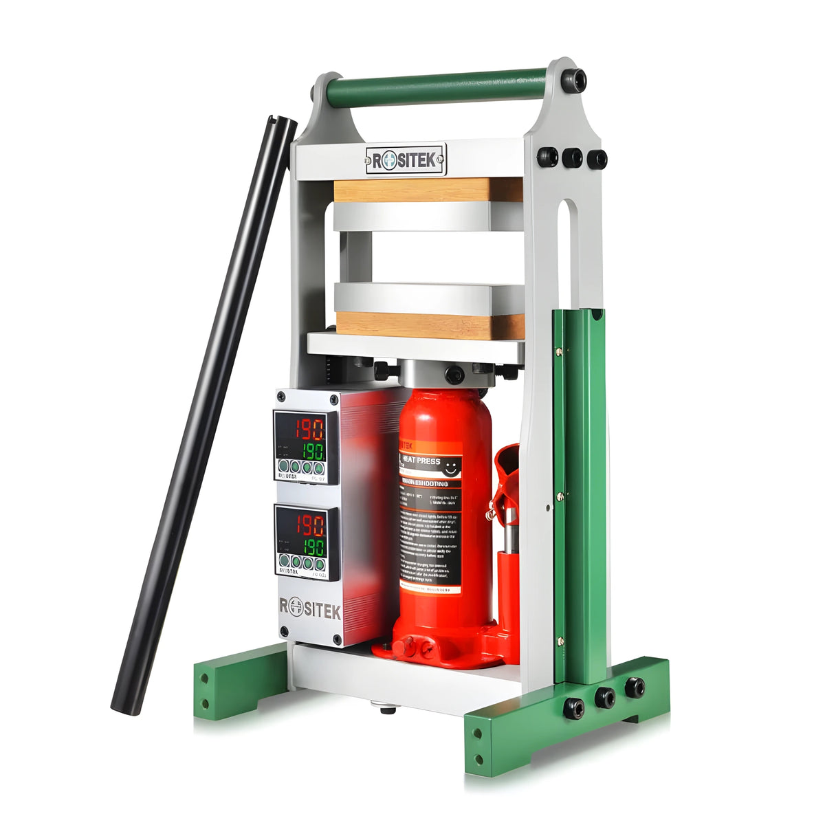 Rositek 8-ton hydraulic rosin press with dual digital temperature controls and a red bottle jack.