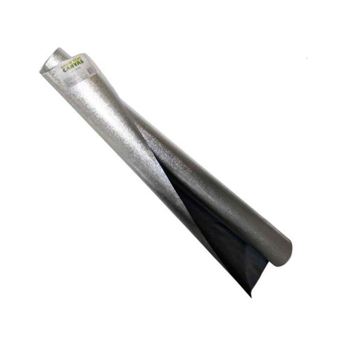 Rolled black reflective canvas material with a shiny silver outer layer and a dark inner layer, suitable for grow tents and similar applications.