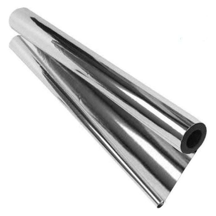 Roll of shiny, reflective silver mylar film on a white background.
