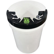 White debudder bucket with black lid and green 