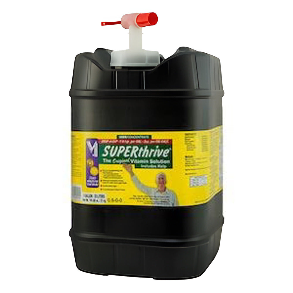 Black 5-gallon jug of SUPERthrive, the original vitamin solution, with a red and white pump dispenser.