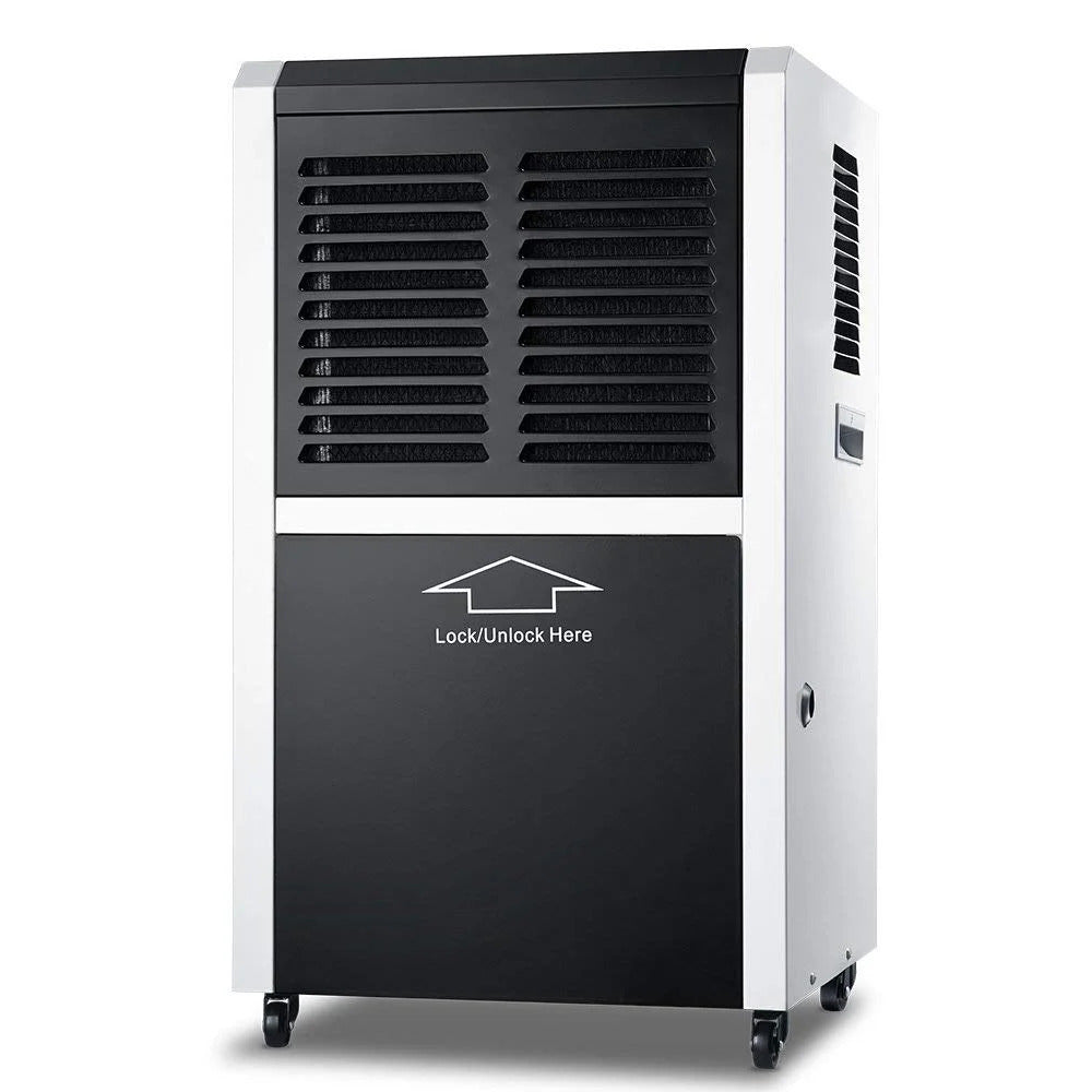 Industrial dehumidifier with black top vents and black front panel indicating "Lock/Unlock Here."