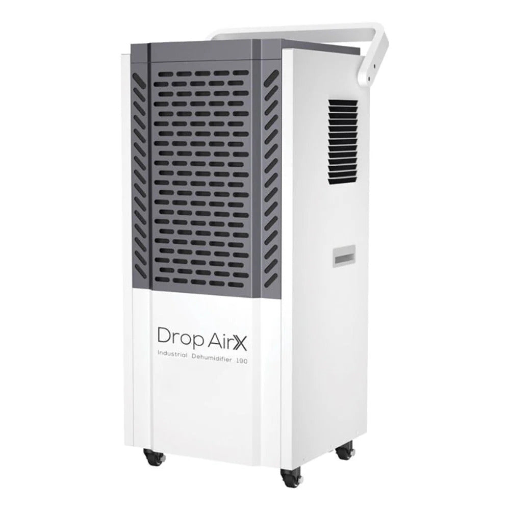 DropAirX 190 industrial dehumidifier with grey and white casing, black grill, and wheels.