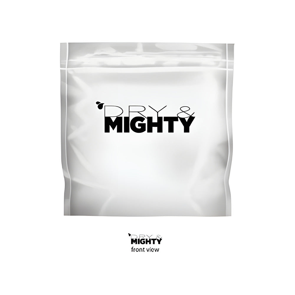 A white resealable bag with "DRY & MIGHTY" logo printed in black.