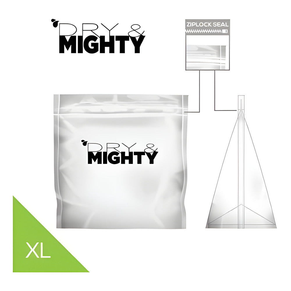 DRY & MIGHTY XL storage bag with ziplock seal, white bag with black logo.