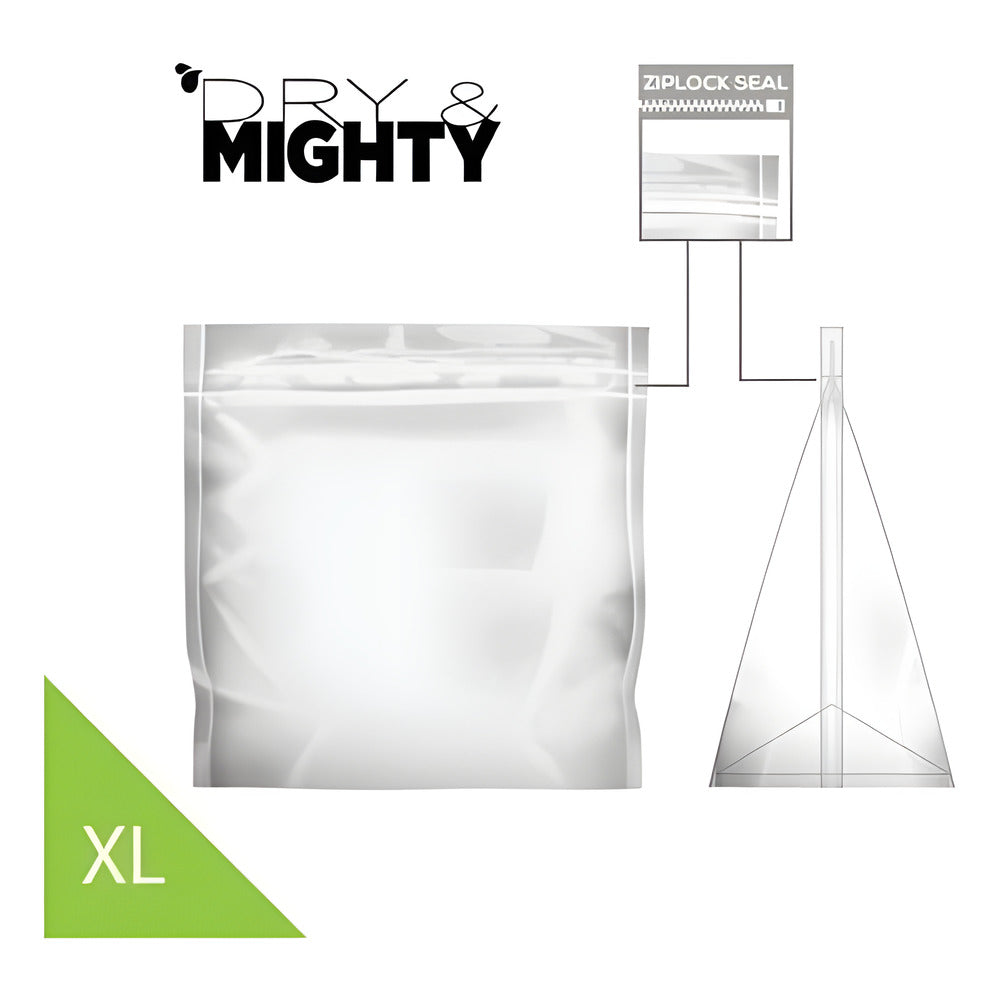 XL Dry & Mighty resealable storage bag, with ziplock seal detail and a pyramid-shaped base.