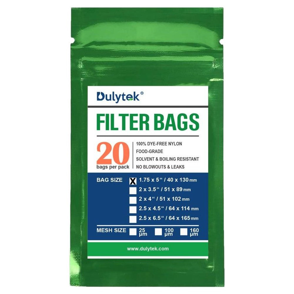 Dulytek 20-pack filter bags: 1.75" x 5", 100 micron mesh size, dye-free nylon.