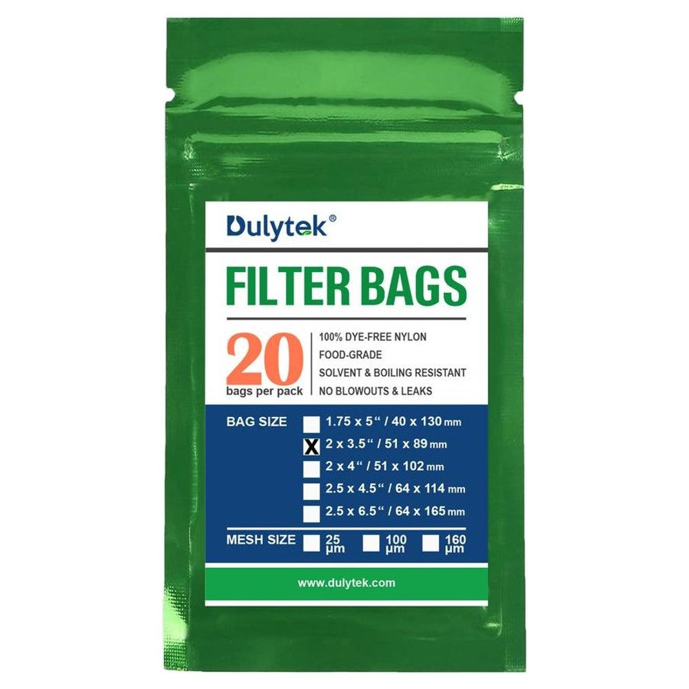 Green packaging for Dulytek filter bags, listing sizes and mesh counts.