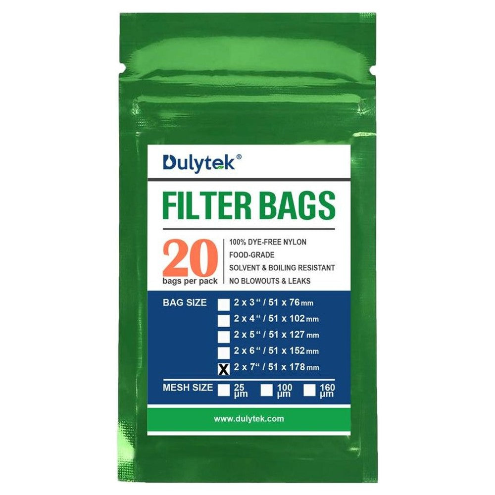 Dulytek 20-pack 2" x 7" filter bags with 25, 100, and 160 micron mesh sizes.