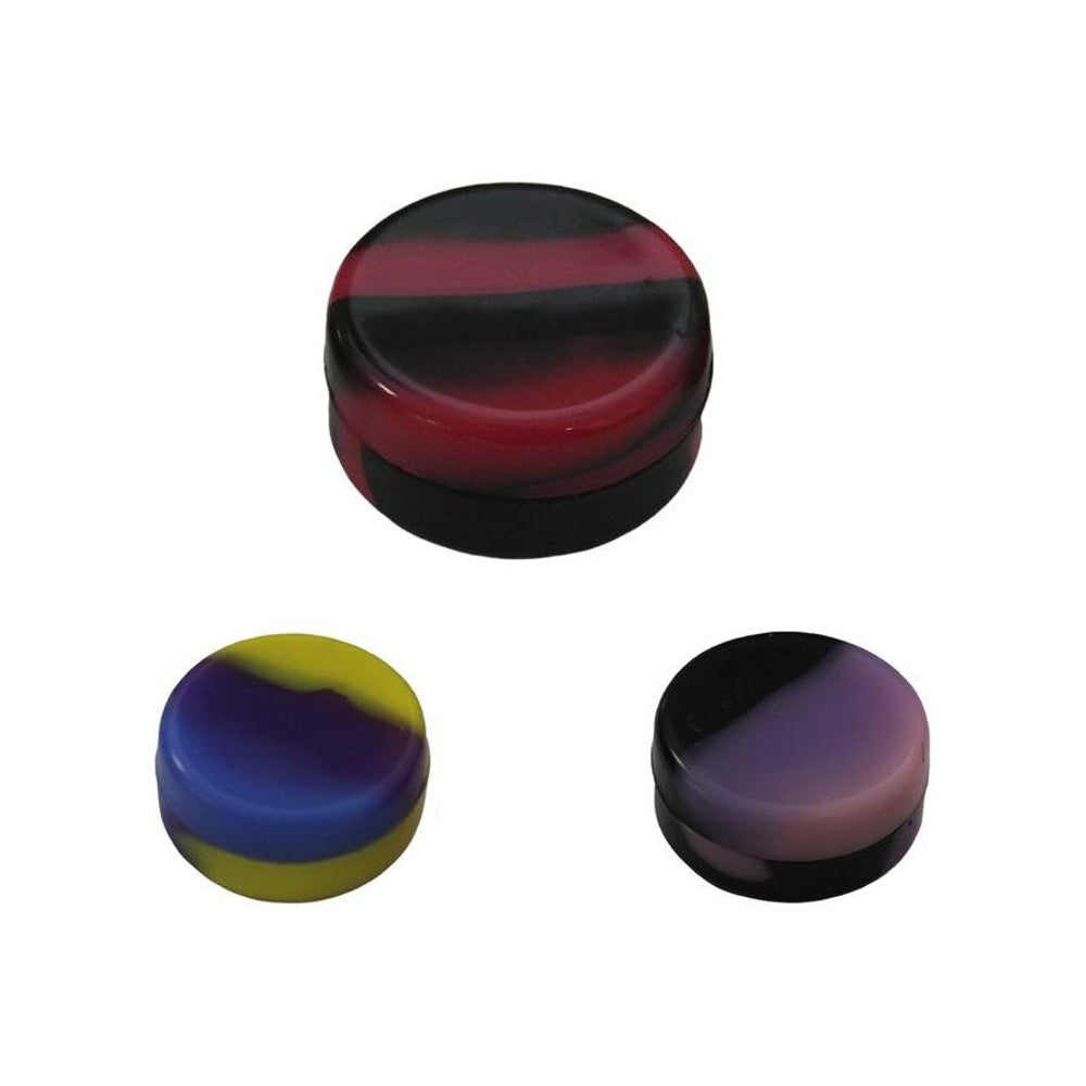 Three round, multi-colored silicone concentrate containers on a white background.