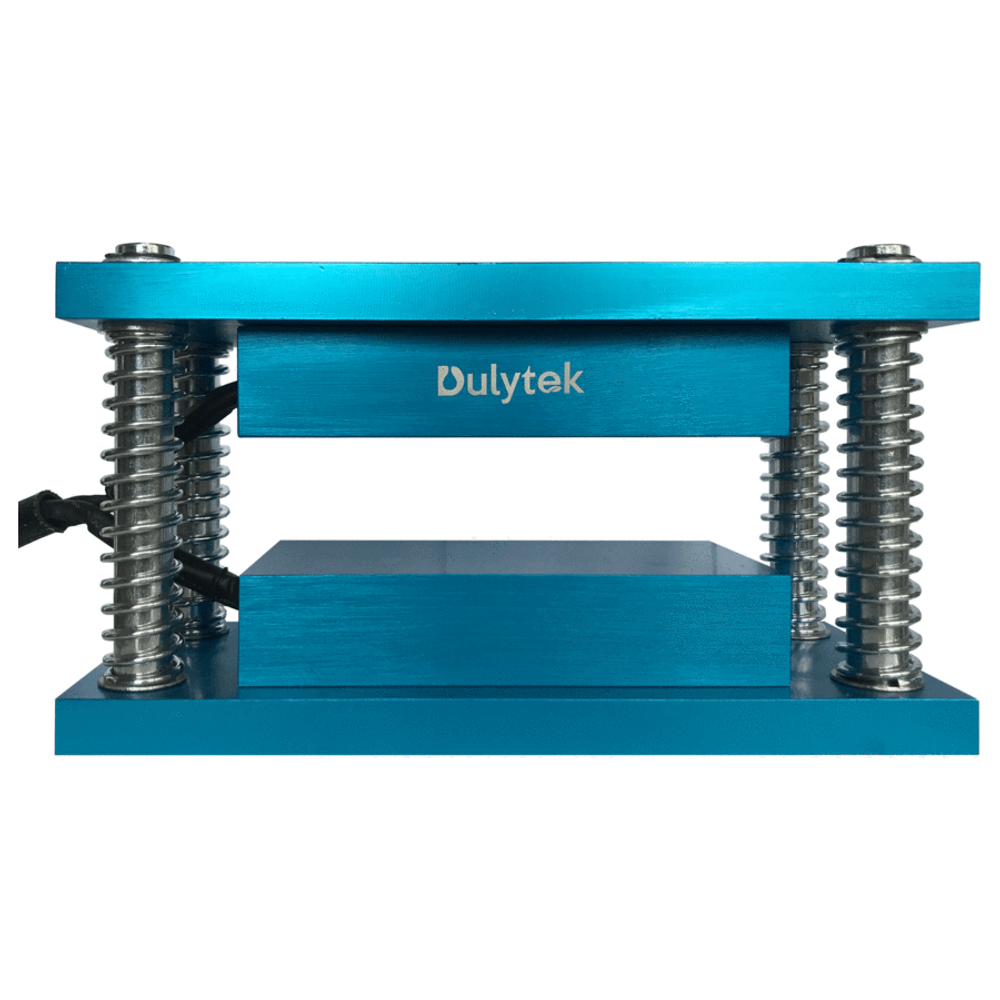 Blue Dulytek rosin press kit with springs and a logo.